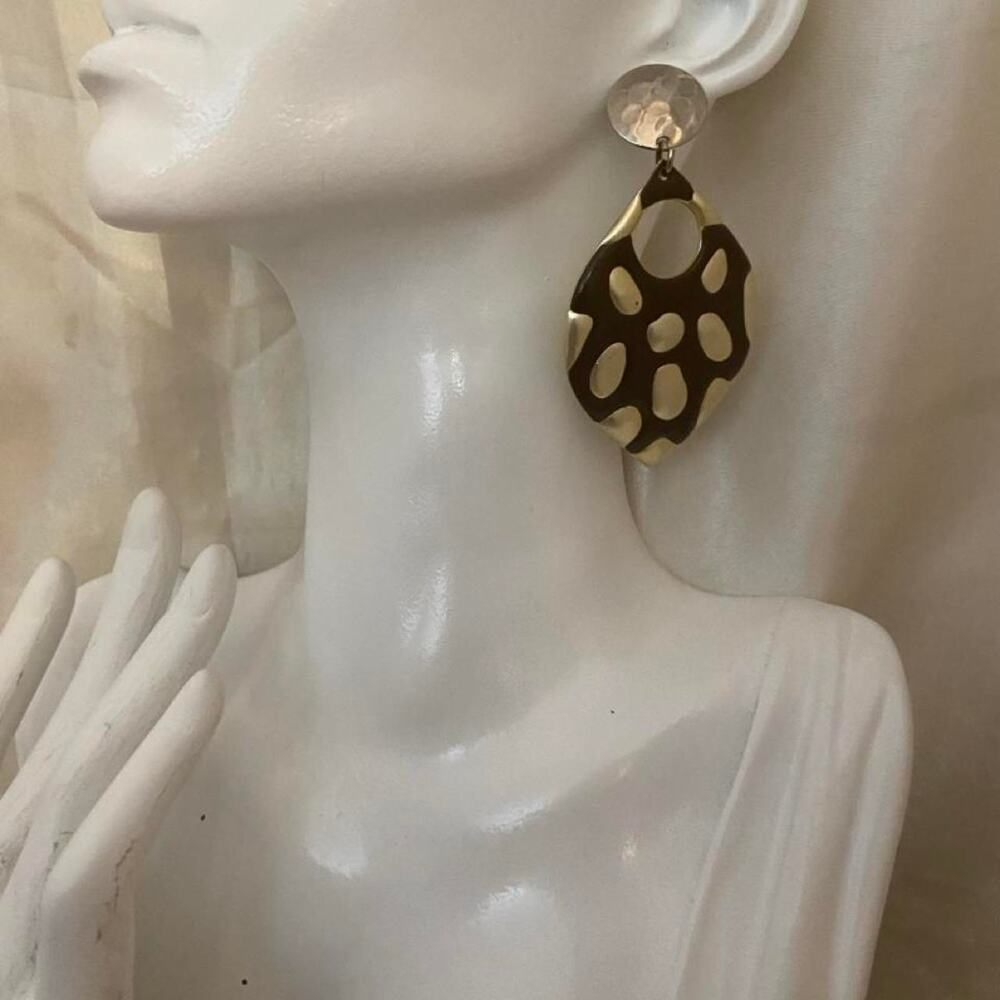 Vintage DON-LIN 70s Oversized Brown Enamel Earrings Gold Tone Sculptural